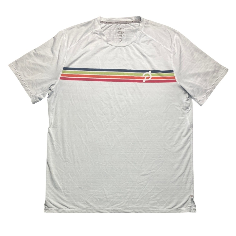 Peloton White Short Sleeve Tee with Multicolor Chest Stripes